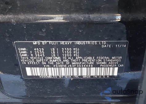 2015 Subaru Legacy 3.6R Limited из США, поврежденный, VIN 4S3BNEJ63F3034449